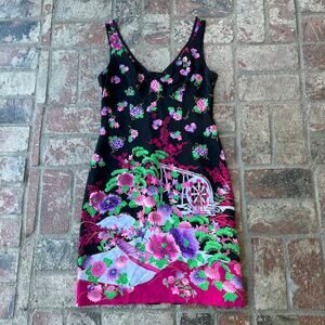 Vintage Nanette Lepore 100% Silk Dress Black 90s Floral Mill Sleeveless Size 4